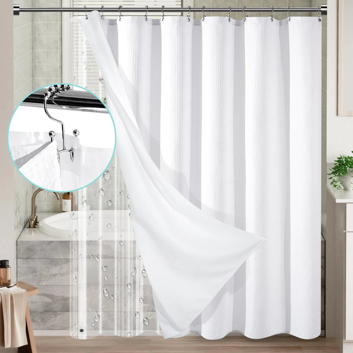 Fabric Waffle Shower Curtain Set 72x72 with 12 Hooks