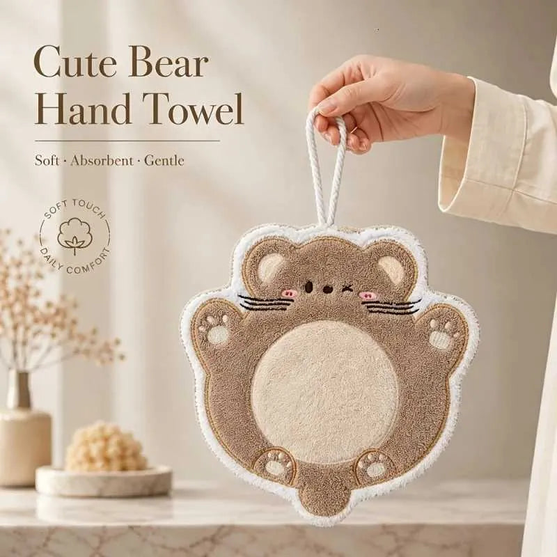 Cute Teddy Bear Hanging Hand Towel – Thick Absorbent Bathroom Cloth