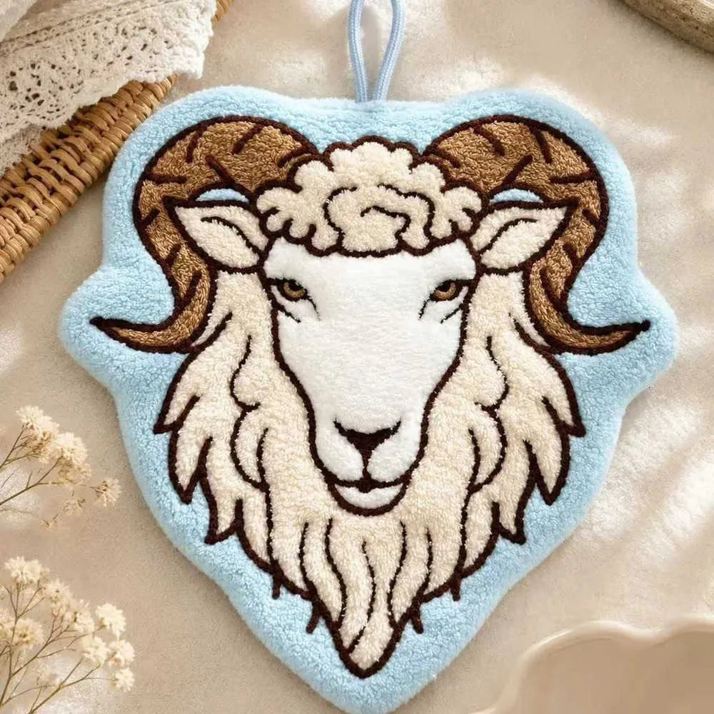 Coral Fleece Goat-Shaped Hanging Hand Towel – 3D Embroidered Kitchen Cloth
