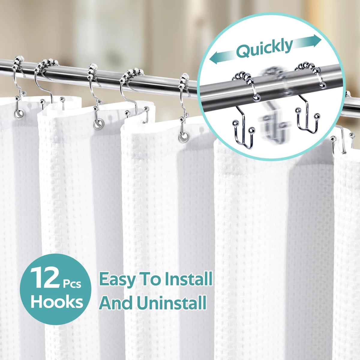 Fabric Waffle Shower Curtain Set 72x72 with 12 Hooks