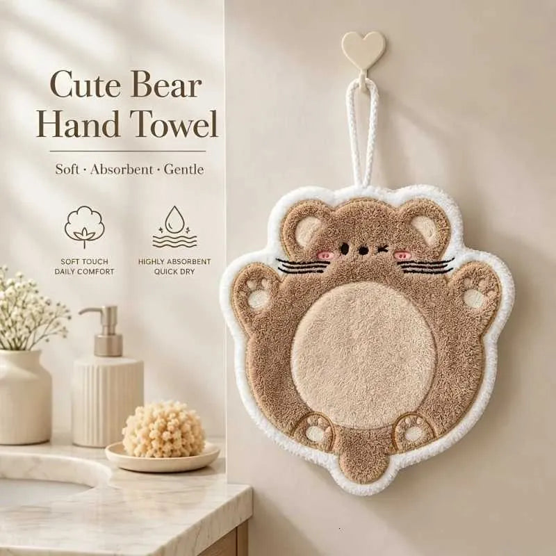 Cute Teddy Bear Hanging Hand Towel – Thick Absorbent Bathroom Cloth