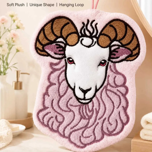 Coral Fleece Goat-Shaped Hanging Hand Towel – 3D Embroidered Kitchen Cloth