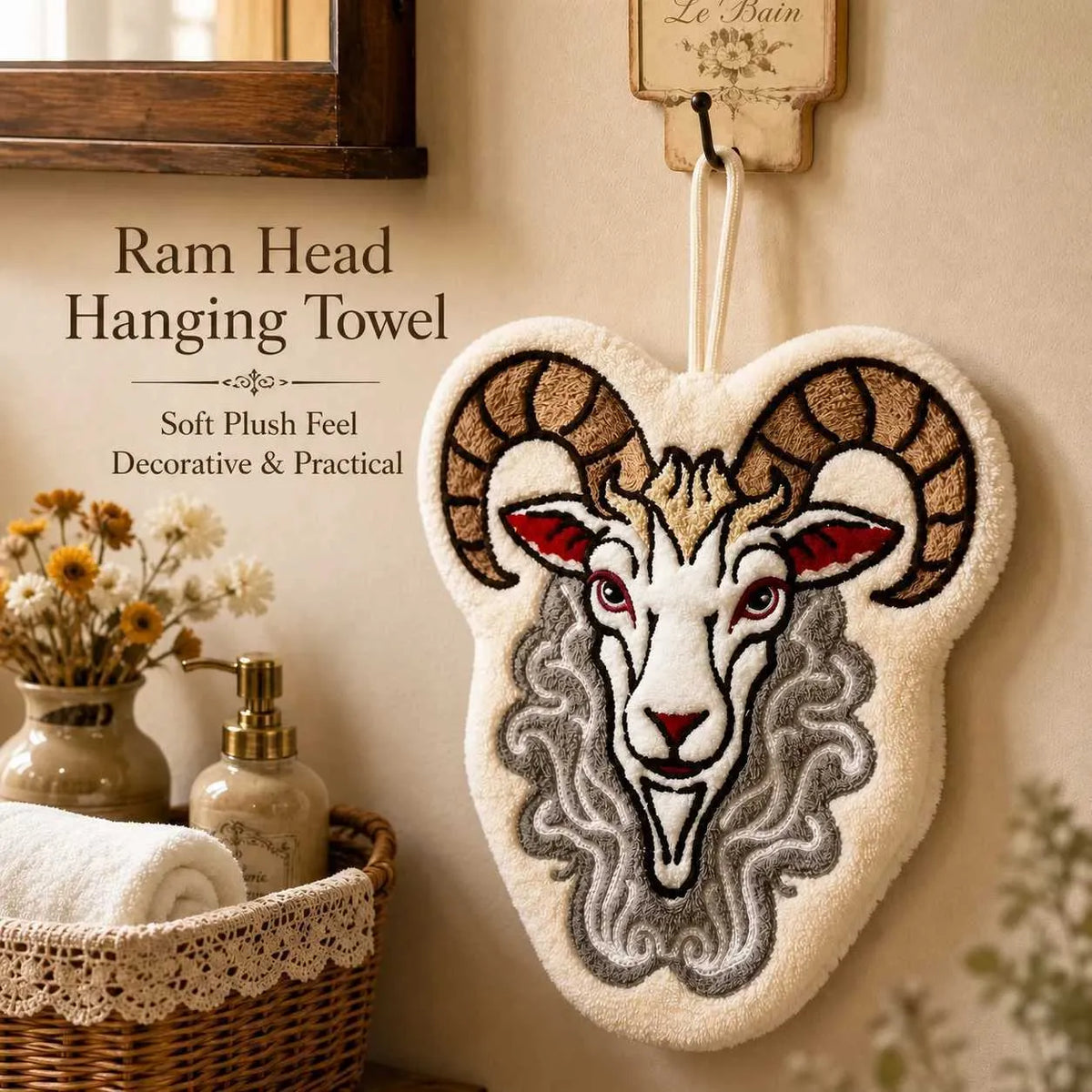 Coral Fleece Goat-Shaped Hanging Hand Towel – 3D Embroidered Kitchen Cloth